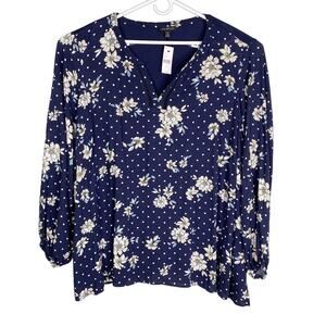 Lane Bryant Blouse 28 Navy Floral Long Sleeve V-Neck New